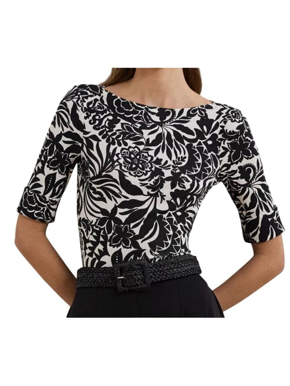 NWOT Lauren Ralph Lauren Black White Floral Stretch Boatneck Top M MSRP $60